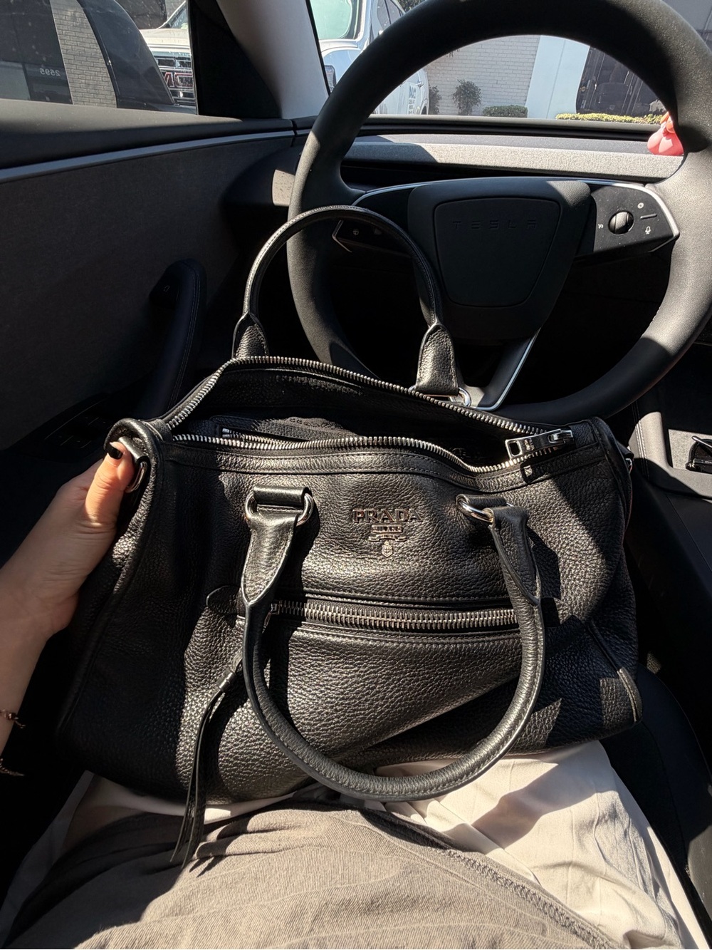 PRADA Black Vitello Daino Leather Large Boston Satchel Bag - Picture 2 of 4